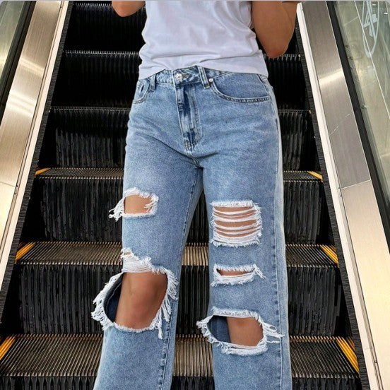 Damen High‑Waist Baggy-Jeans mit großflächigen Knie-Rips und geradem Bein Drune