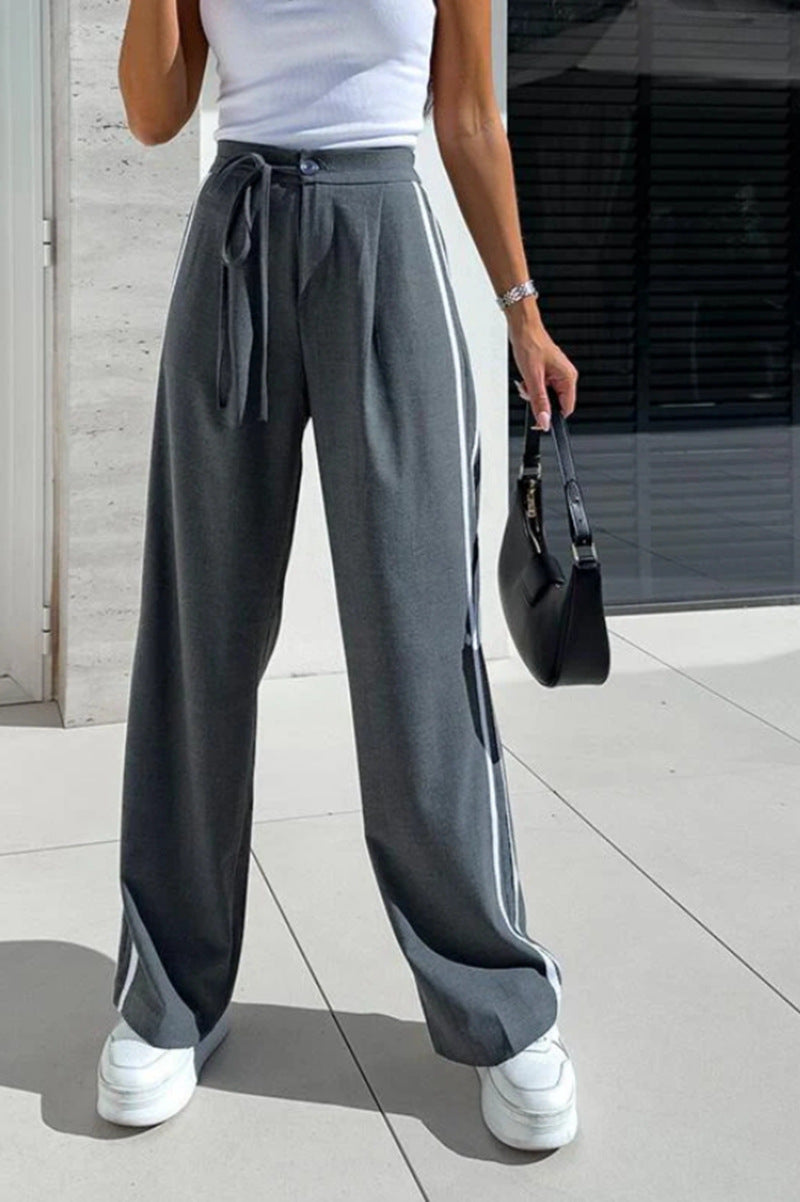 Damen nan hochgeschnittene weite Freizeithose mit sportlichem Seitenstreifen und Bindegürtel Drune