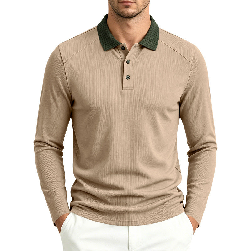 Herren Langarm-Poloshirt mit gerippter Kontrastkragen und feiner Waffelstruktur Drune