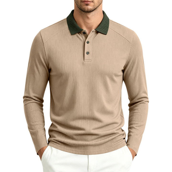 Herren Langarm-Poloshirt mit gerippter Kontrastkragen und feiner Waffelstruktur Drune