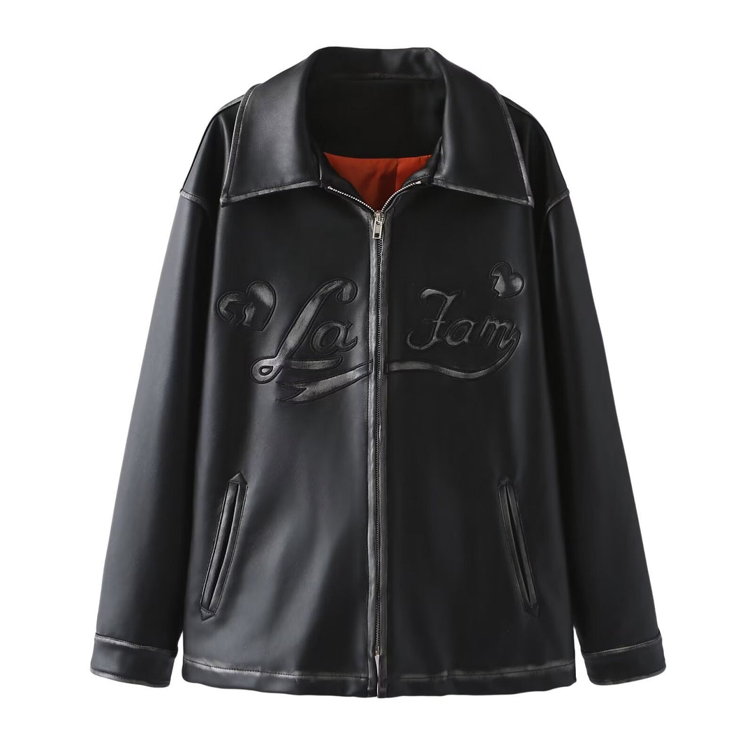 Damen nan oversized Kunstlederjacke mit Schalkragen und geprägter Logostickerei Drune