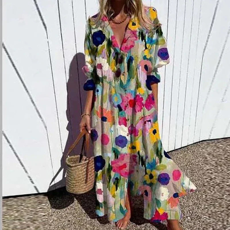 Frauen Fließendes Maxikleid mit Durchgehendem Knopfverschluss V-Ausschnitt und Volksdruck Drune