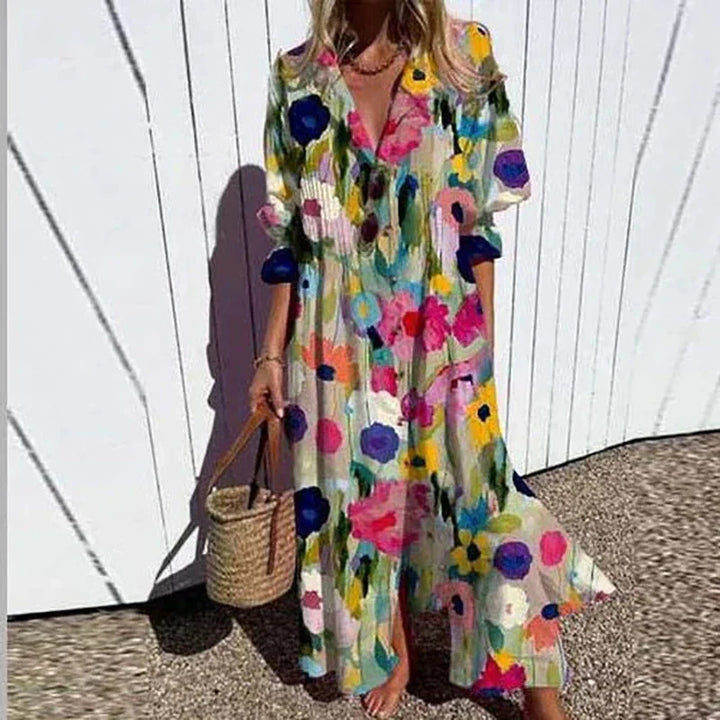 Frauen Fließendes Maxikleid mit Durchgehendem Knopfverschluss V-Ausschnitt und Volksdruck Drune