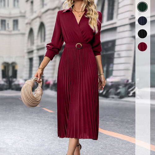 Damen Midi-Faltenkleid mit Wickeloberteil, Taillengürtel und Plissee-Rock Drune