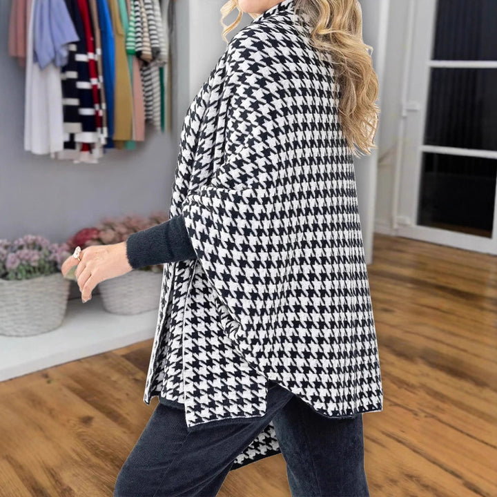 Damen Oversized Poncho mit Hahnentritt-Muster und offenem Schalkragen Drune