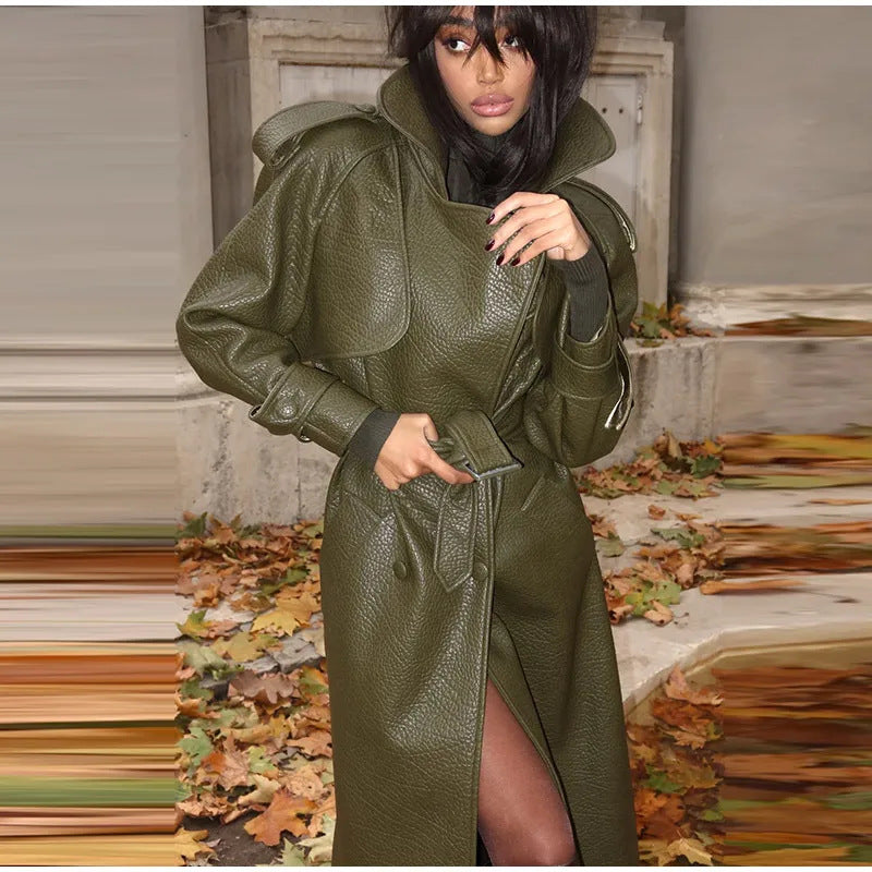 Damen Oversized Kunstleder-Trenchcoat mit hohem Kragen und abnehmbaren Gürtel Drune