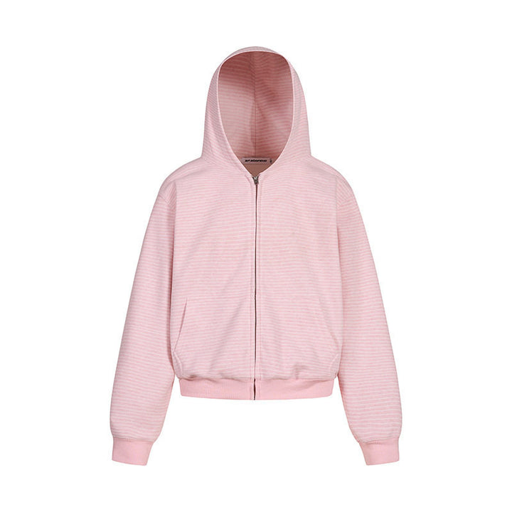 Damen Kurz geschnittene Kapuzen-Sweatjacke mit kurzem Bund, Streifenstruktur und Reißverschluss Drune