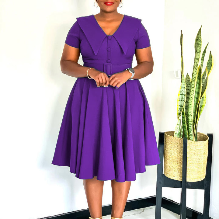 Damen A-Linien Kleid mit elegantem Kragen und Bindegürtel Drune