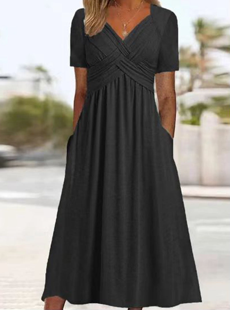 Damen nan luftiges V-Ausschnitt Midikleid mit überkreuzter Brustpartie, kurzen Ärmeln und Eingrifftaschen Drune