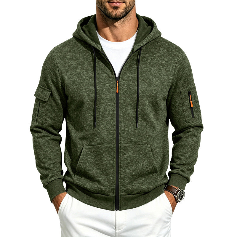 Herren Melierte Zip‑Hoodie‑Jacke mit Utility‑Ärmeltasche und Känguru‑Taschen Drune