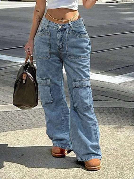 Damen Hochbundweite Cargo-Denimhose mit Utility-Taschen Drune