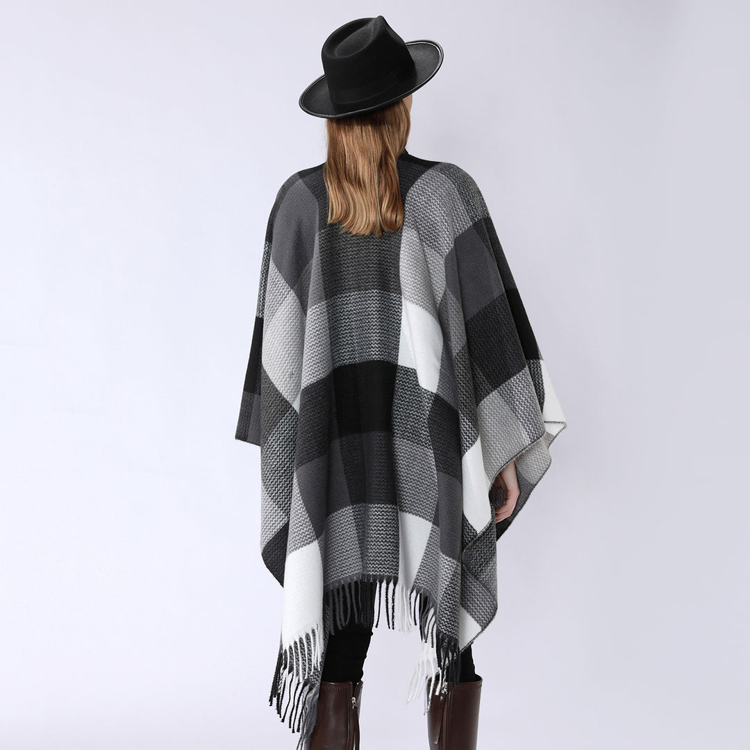 Damen Weichfallender Oversize-Poncho im Plaid-Webmuster mit V-Kragen und Fransensaum Drune