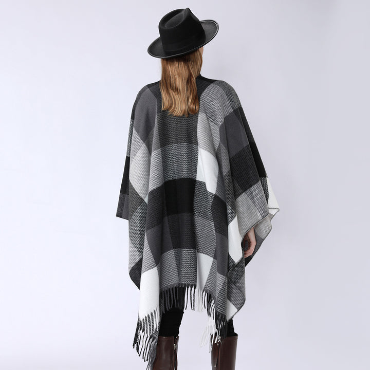 Damen Weichfallender Oversize-Poncho im Plaid-Webmuster mit V-Kragen und Fransensaum Drune