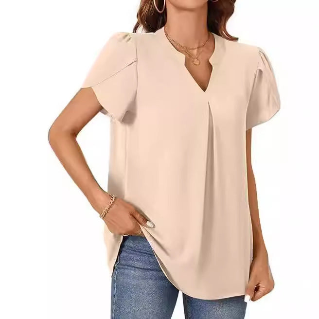 Damen Bluse mit eleganter V-Ausschnitt-Detail und leichten Puffärmeln Drune
