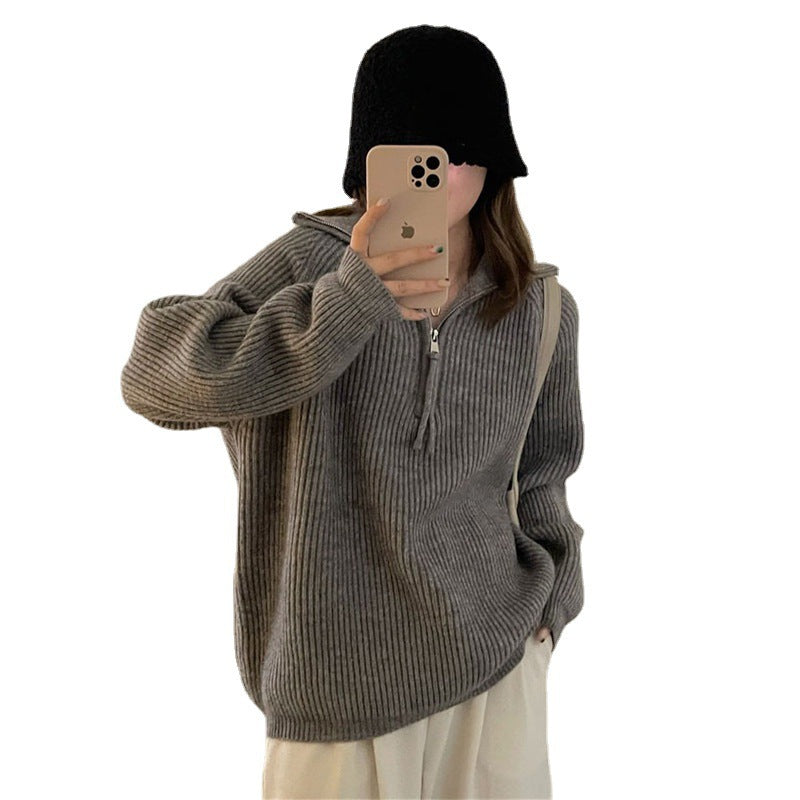 Damen Grobstrickpullover mit Reißverschluss und hohem Kragen Drune
