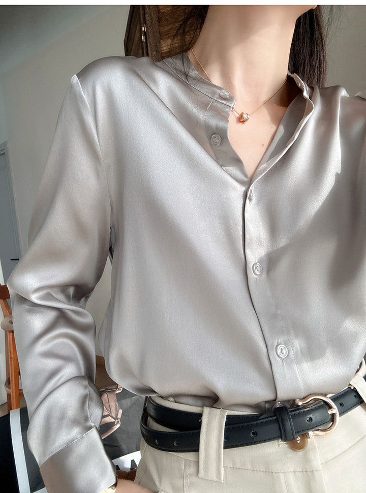 Damen Elegante satinierte Bluse mit knöpfbarem Ausschnitt Drune