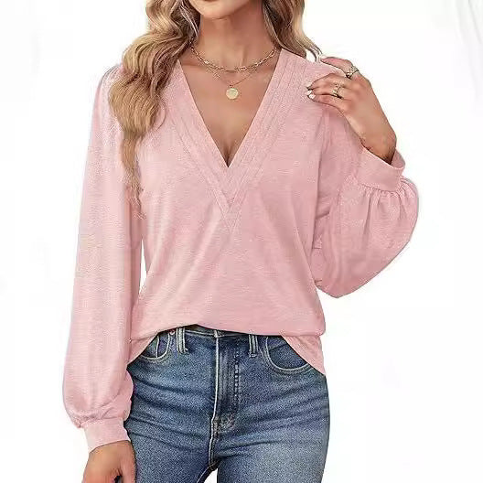 Damen lässiges V-Ausschnitt Shirt mit Puffärmeln und eleganter Raffung Drune