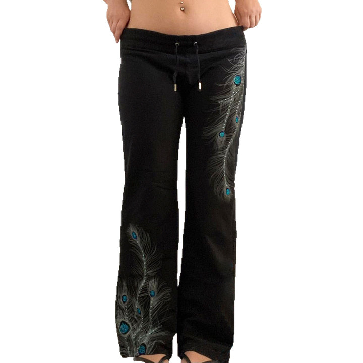 Damen nan weite Loungehose mit Kordelzug, hohem Komfortbund und Pfauenfeder-Print Drune