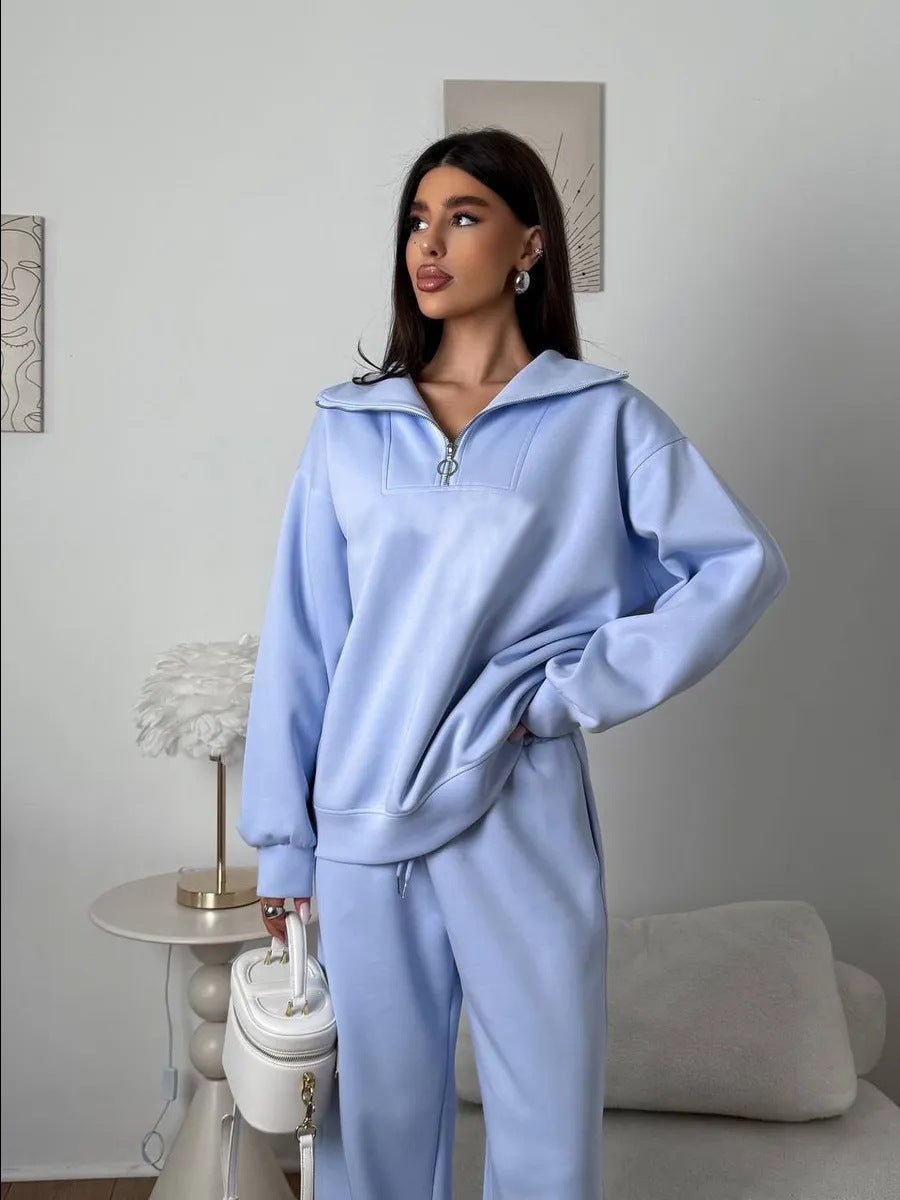 Damen Loungewear-Set mit halbem Reißverschluss und weiter Bügelfalten-Hose Drune