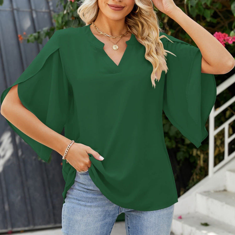 Damen Chiffonbluse mit V-Ausschnitt und eleganten Rüsenärmel Drune