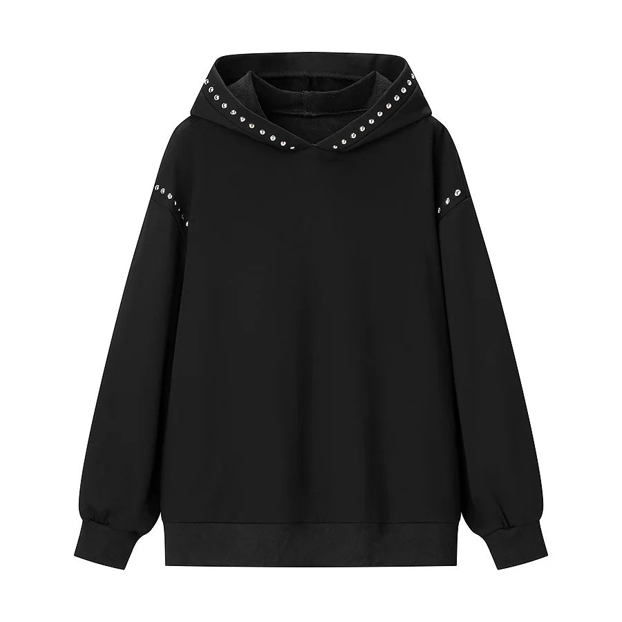 Damen nan weiter Kapuzenpullover mit Ziernieten am Kragen und legerer Passform Drune