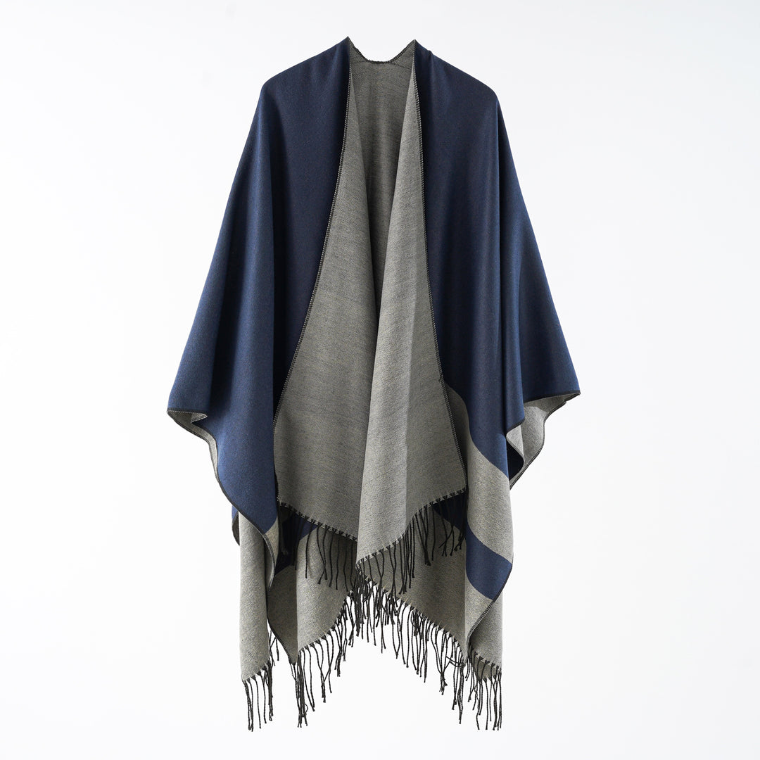 Damen Multifunktionaler Fransen‑Wickelponcho aus Wollmix mit doppellagigem Fall Drune