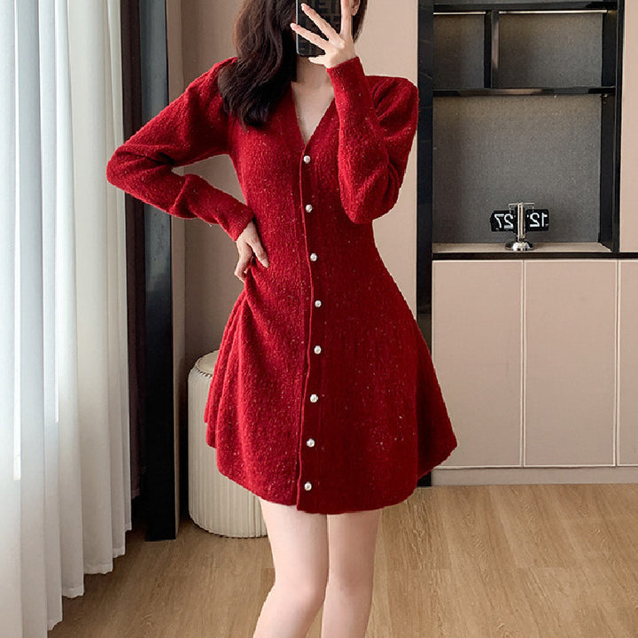 Damen Strickkleid mit Knopfleiste und voluminösen Ärmeln Drune