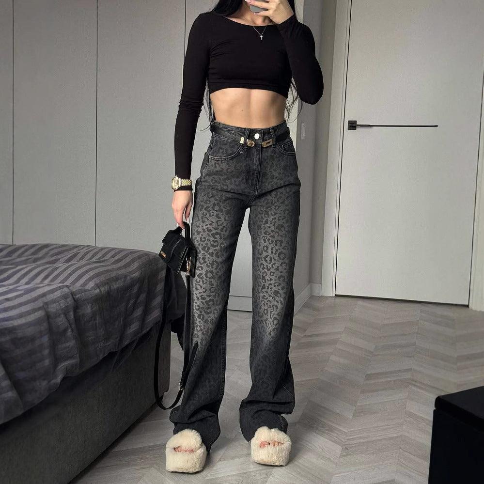 Damen Hochtaillierte Jeans mit Leopardenmuster und weitem Bein Drune
