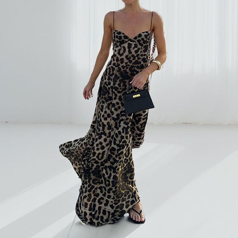 Damen Maxikleid mit tiefem Ausschnitt und elegantem Leoprint Drune