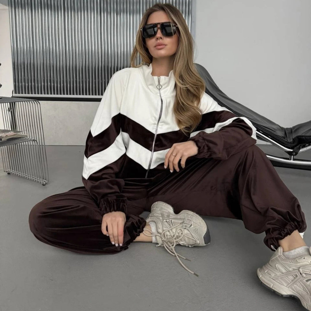 Damen Retro-inspiriertes Samt-Trackset mit Chevron-Design, Stehkragen und weiter High-Waist-Jogger Drune