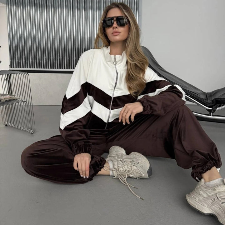 Damen Retro-inspiriertes Samt-Trackset mit Chevron-Design, Stehkragen und weiter High-Waist-Jogger Drune