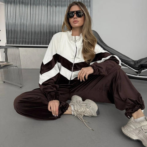 Damen Retro-inspiriertes Samt-Trackset mit Chevron-Design, Stehkragen und weiter High-Waist-Jogger Drune