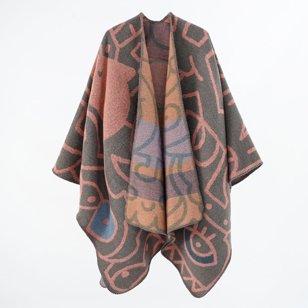 Damen Reversibler Strickponcho im Kuschel‑Umhang mit grafischem Jacquard Drune