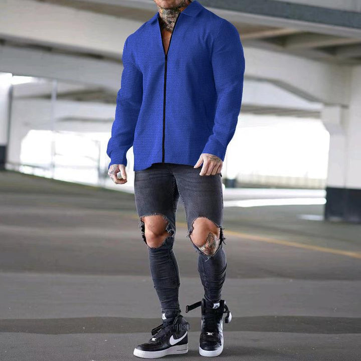 Herren nan strukturiertes Langarm-Hemdjacke mit verdecktem Halbzip, Kentkragen und leichter Waffelstruktur Drune