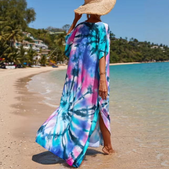 Damen Strandkleid mit buntem Batikdesign und weit geschnittenen Ärmeln Drune