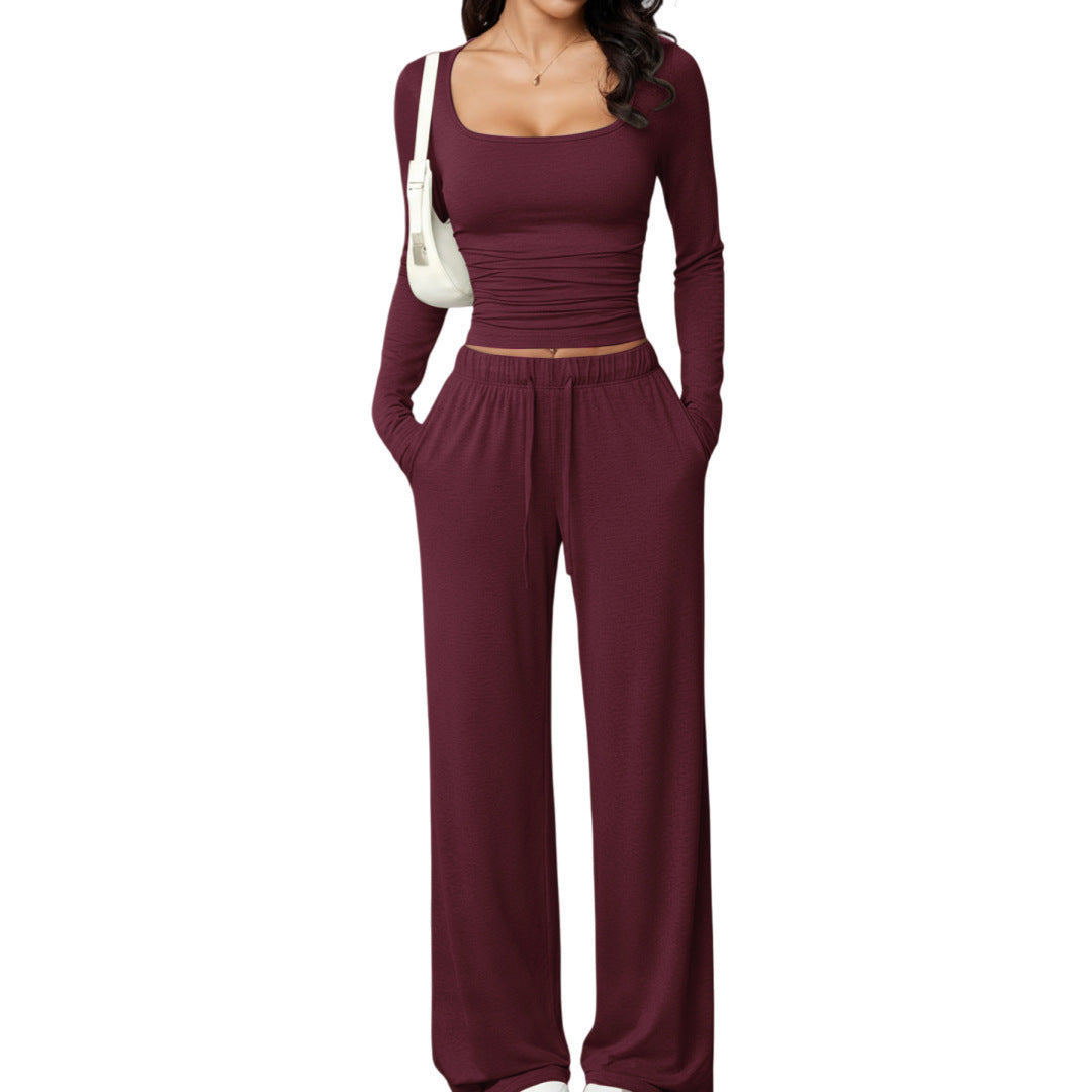 Damen Zweiteiliges Relax-Set mit tailliertem Langarm-Croptop und weiter Jerseyhose Drune