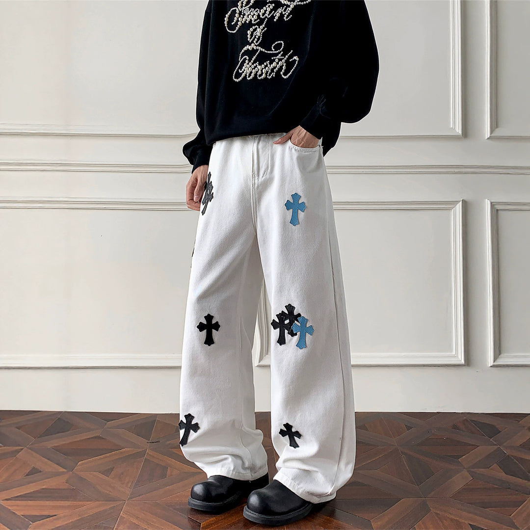 Damen Weitgeschnittene Denim-Hose mit kreativem Kreuzdesign Drune