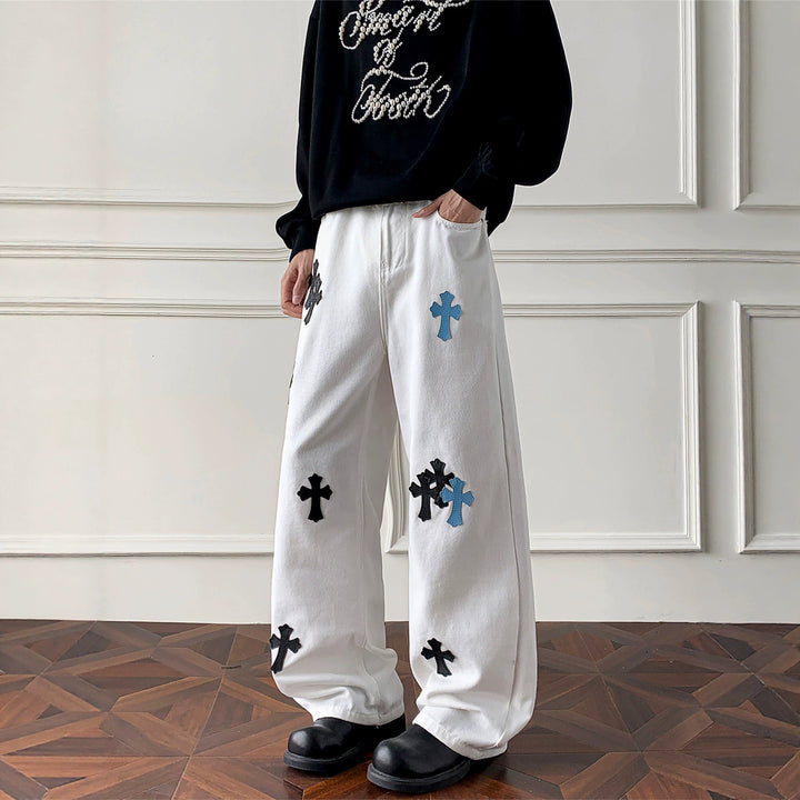 Damen Weitgeschnittene Denim-Hose mit kreativem Kreuzdesign Drune