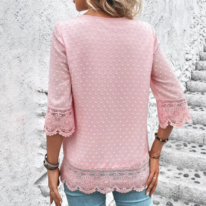 Damen nan transparente Chiffonbluse mit Pünktchenstruktur, Spitzenbesatz, V-Ausschnitt und dreiviertelärmeln Drune