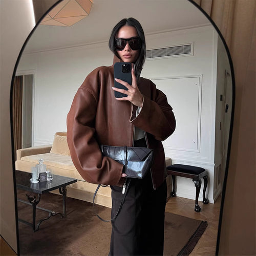 Damen Oversized Lederblouson mit soften Teddy-Innenfutter und Verdeckt-Reißverschluss Drune