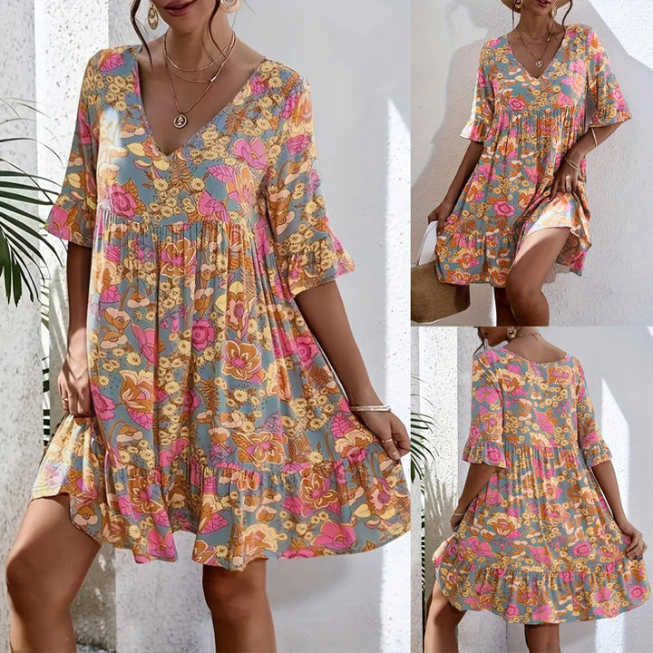 Damen Freizeitkleid mit V-Ausschnitt und fließendem Schnitt Drune