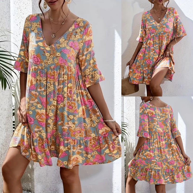 Damen Freizeitkleid mit floralem Muster und voluminösem Schnitt Drune