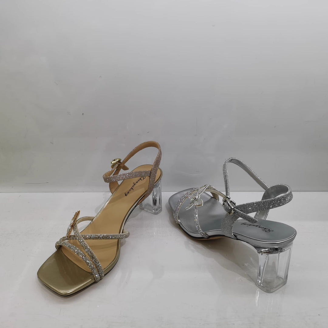 Damen Sandalette mit transparentem Blockabsatz, quadratischer Zehenbox und funkelnden Riemchen Drune