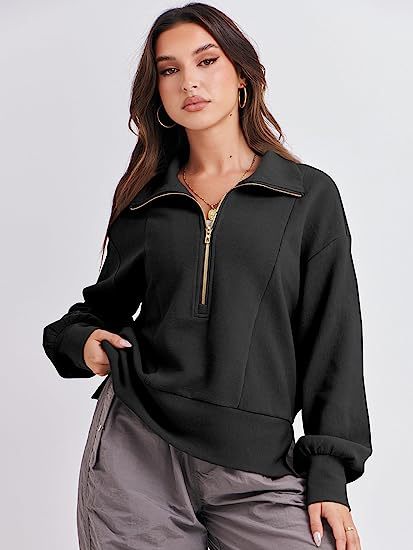 Damen Halb-Zip Kragen Entspannt Sweatshirt Pullover mit Rippbund und -manschetten Drune