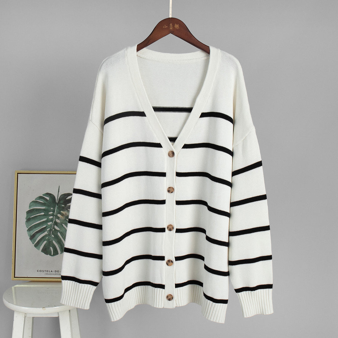 Damen Strickcardigan mit V-Ausschnitt und groben Streifen Drune
