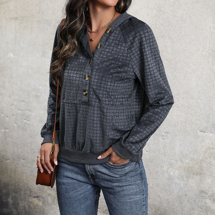 Damen Texturierter Kapuzenpullover mit Knopfleiste und Strukturmuster Drune