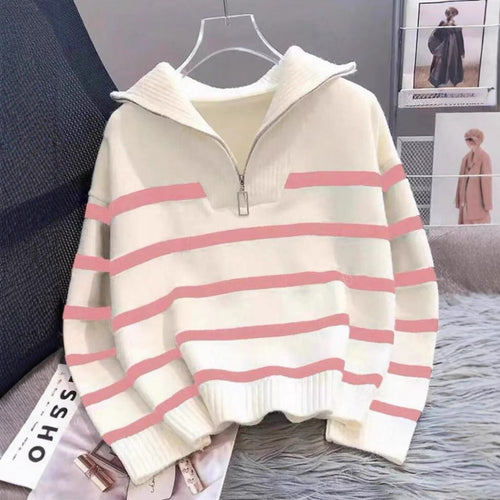 Damen Gestreifter Halb-Reißverschluss Strickpullover mit Rippenkragen Drune