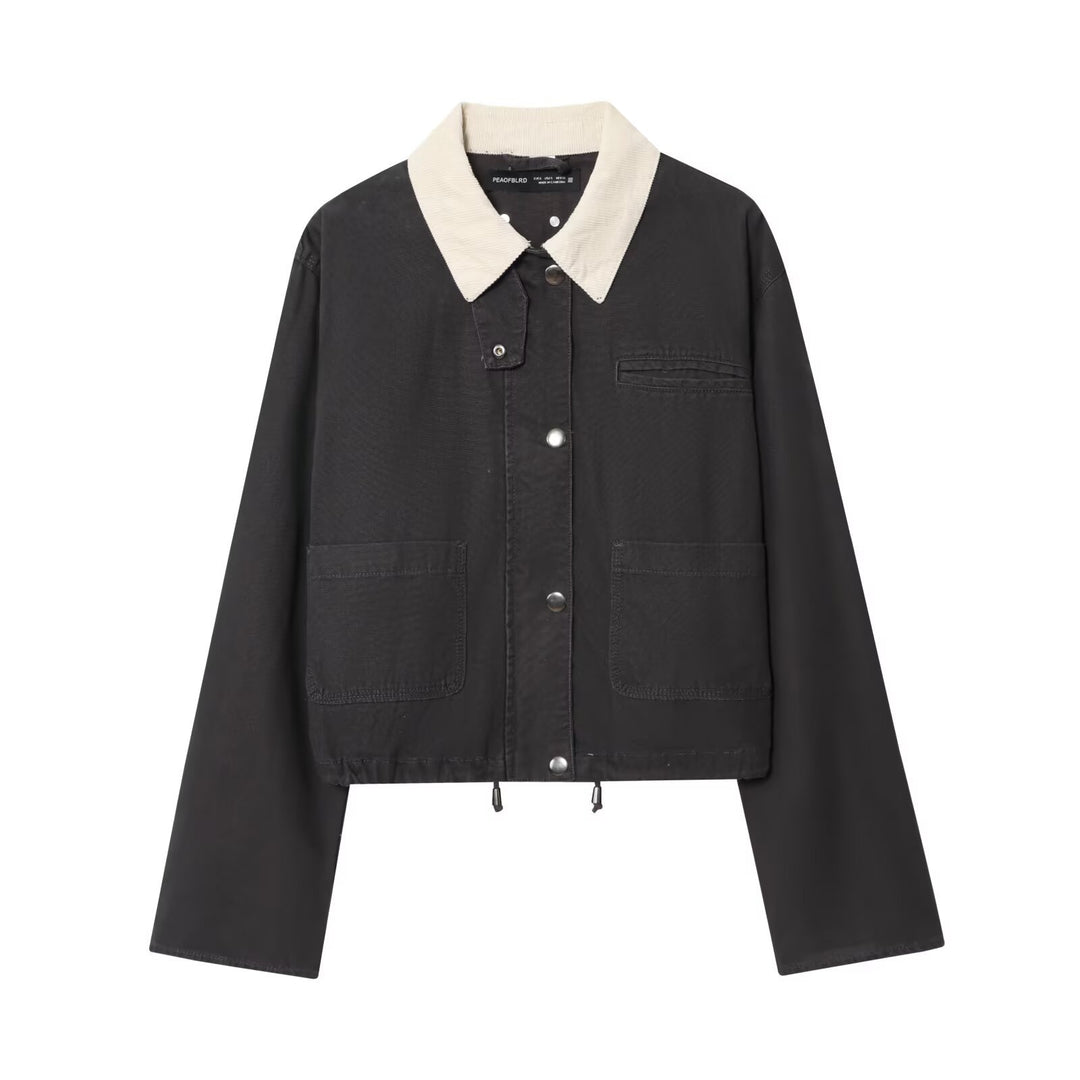 Damen Cropped-Workjacke mit Cordkragen, aufgesetzten Taschen und Tunnelzug Drune