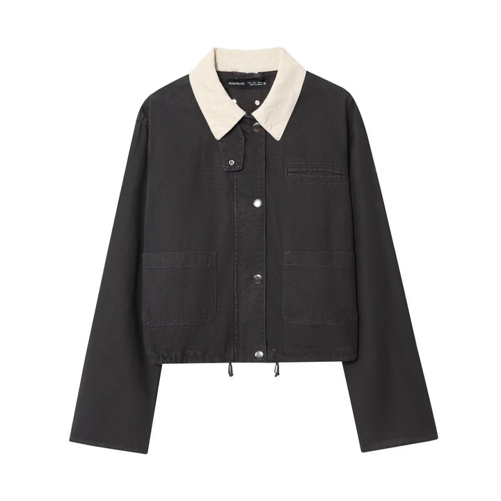 Damen Cropped-Workjacke mit Cordkragen, aufgesetzten Taschen und Tunnelzug Drune