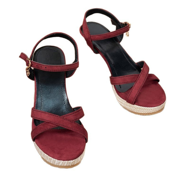 Damen Jeans-Optik Keilsandalen mit geflochtener Bastsohle und verstellbarem Knöchelriemen Drune
